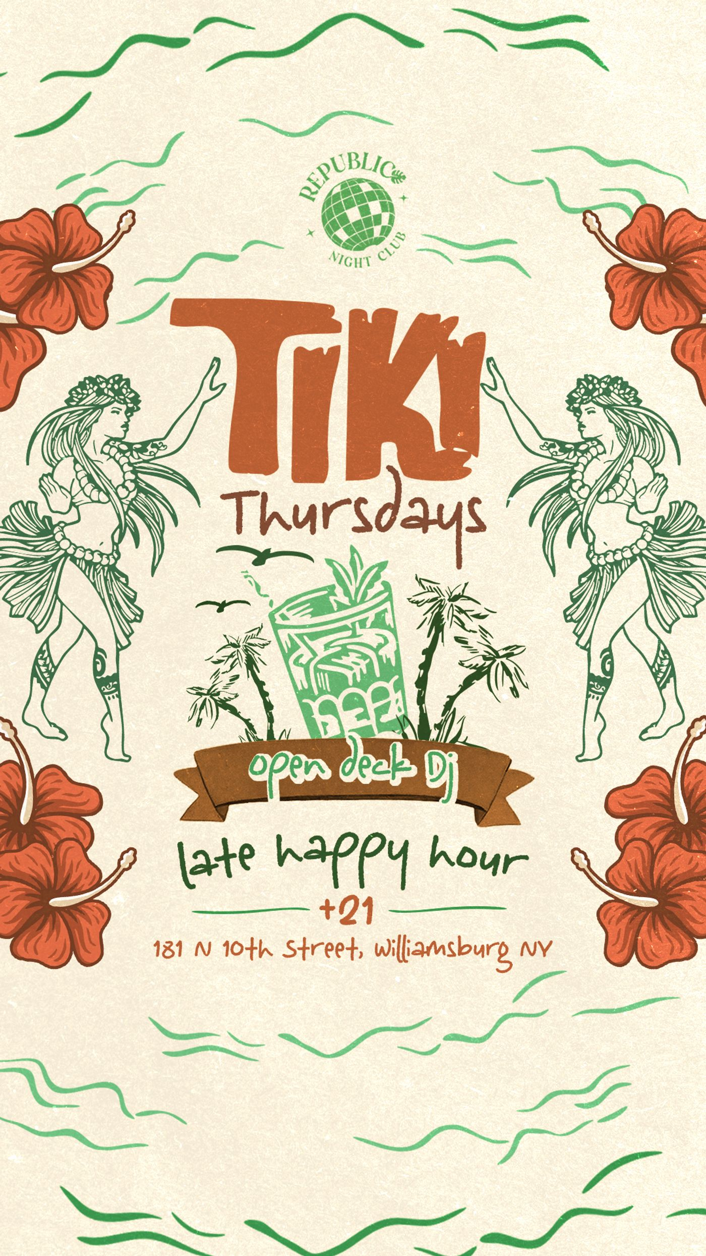 TIKI THURSDAYS - Open deck Djs + Late Happy Hour flyer